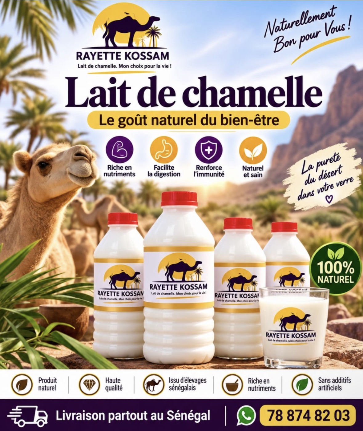Affiche lait de chamelle Rayette Kossam — le goût naturel du bien-être