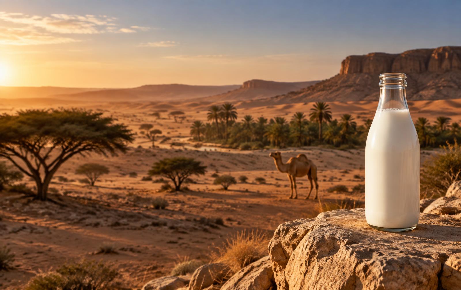 Bouteille de lait de chamelle dans un paysage sahélien