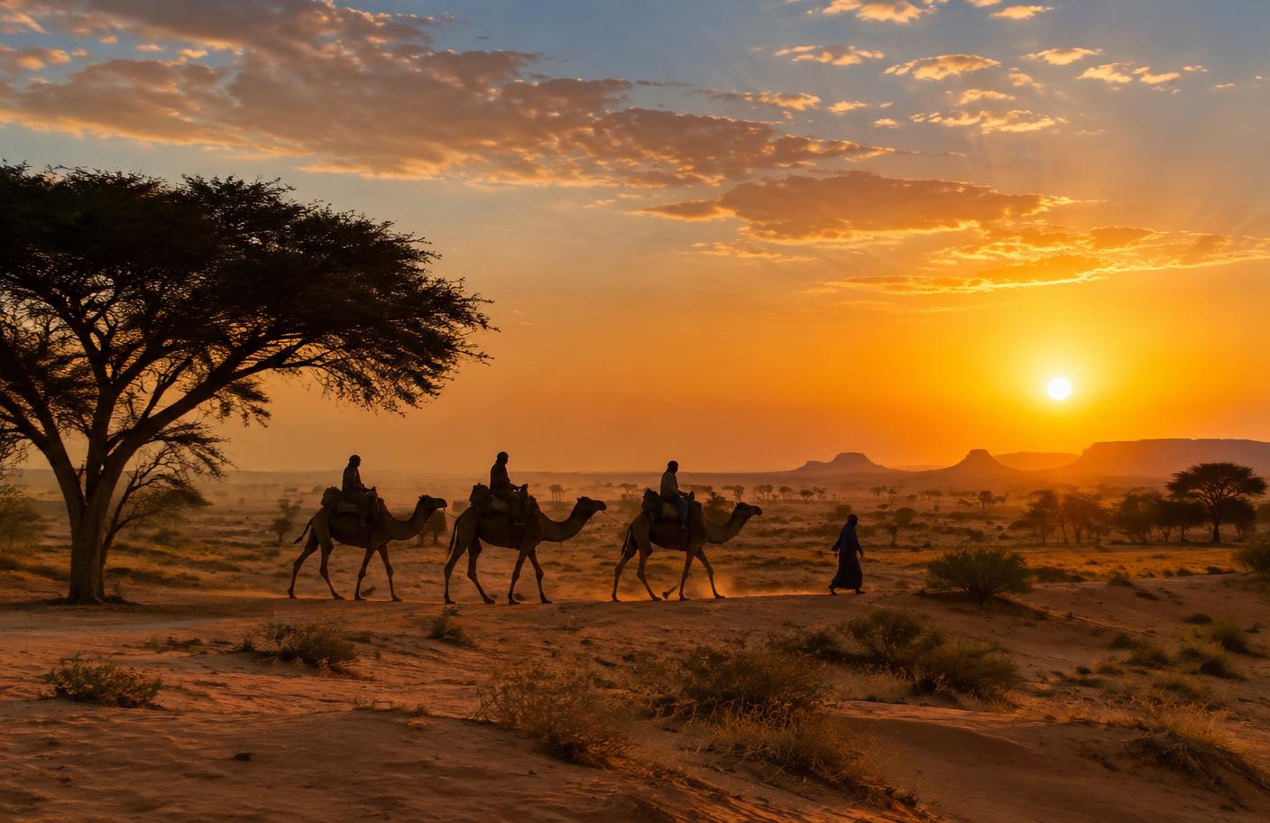 Chameaux traversant un paysage sahélien au coucher du soleil